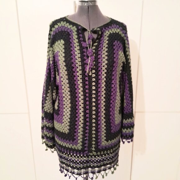 Granny Square Fringe Sweater XL - Picture 3 of 8